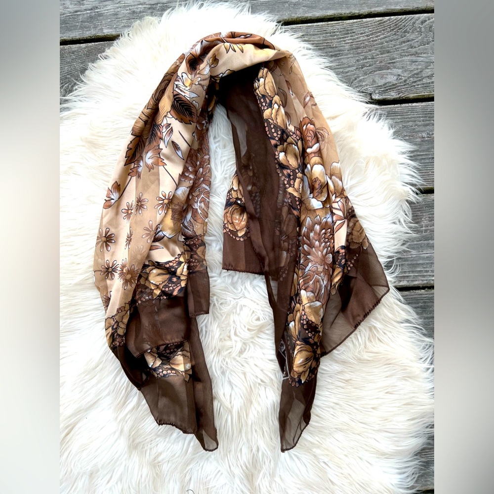 Brown Floral Ornate Silk Knit Scarf Wrap Shawl Tapestry VTG